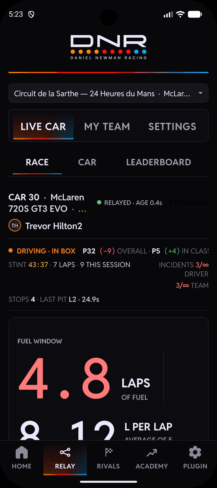 RELAY on a phone: the live race board for car 30 at Le Mans with the driver, the class position, the stint and the stops