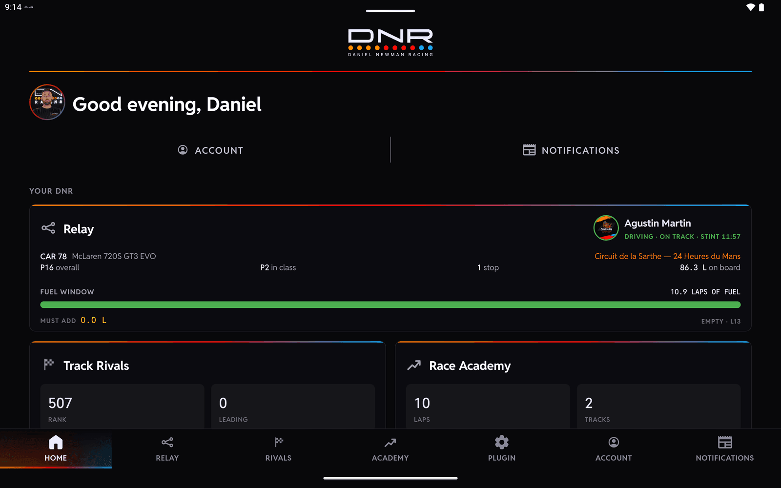 The DNR app on a tablet: the Home page with a teammate driving on the Relay card beside the Track Rivals and Race Academy tiles