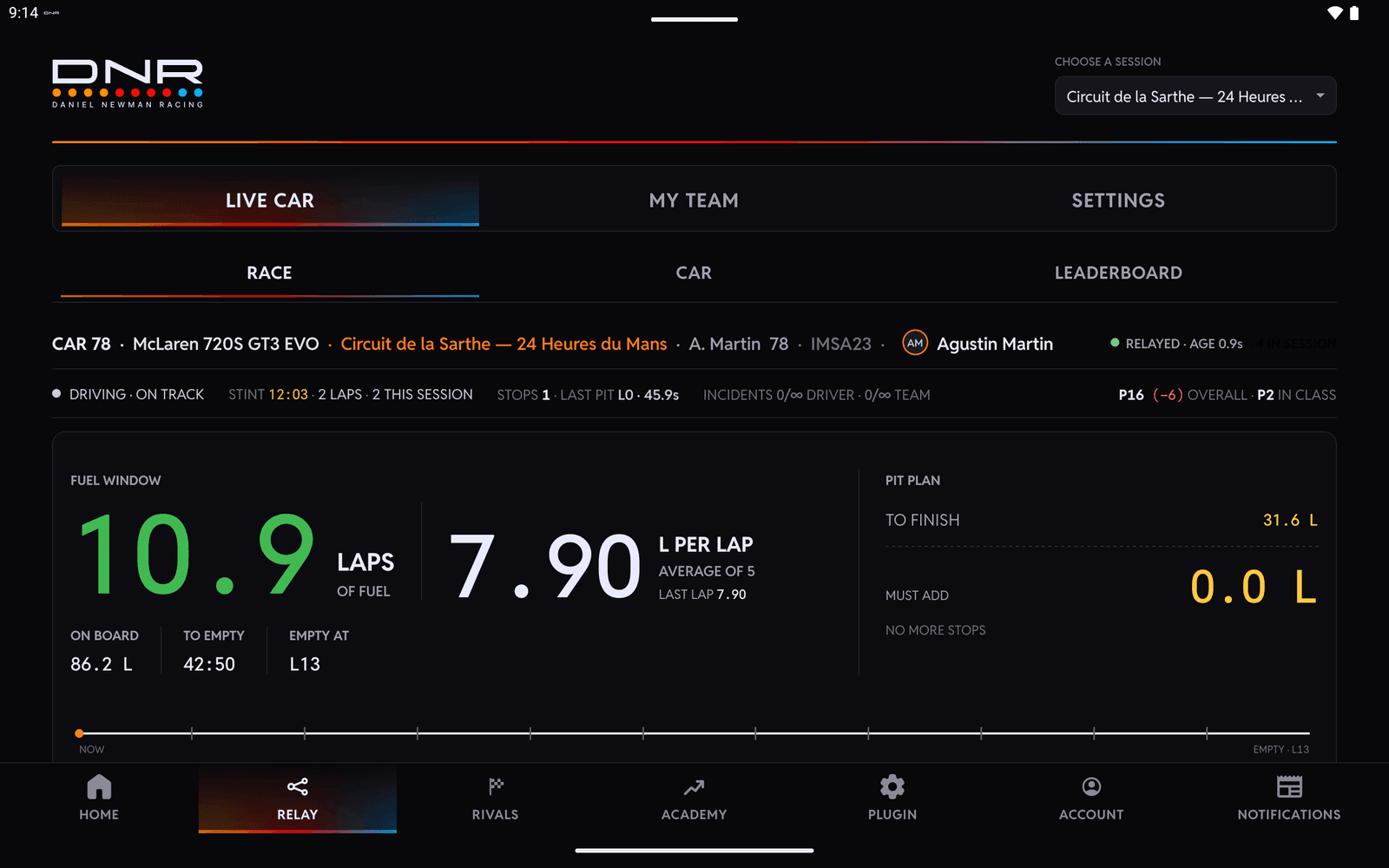RELAY on a tablet: the live board with the car, the driver, the fuel window and the pit plan side by side