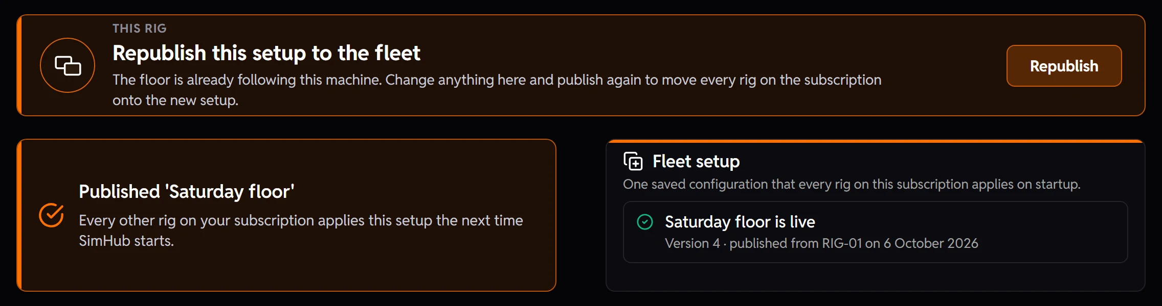 Fleet setup in the TrackThirtyTwo plugin, just published from the rig the venue set up, beside the website's Fleet setup card showing that setup live for every rig