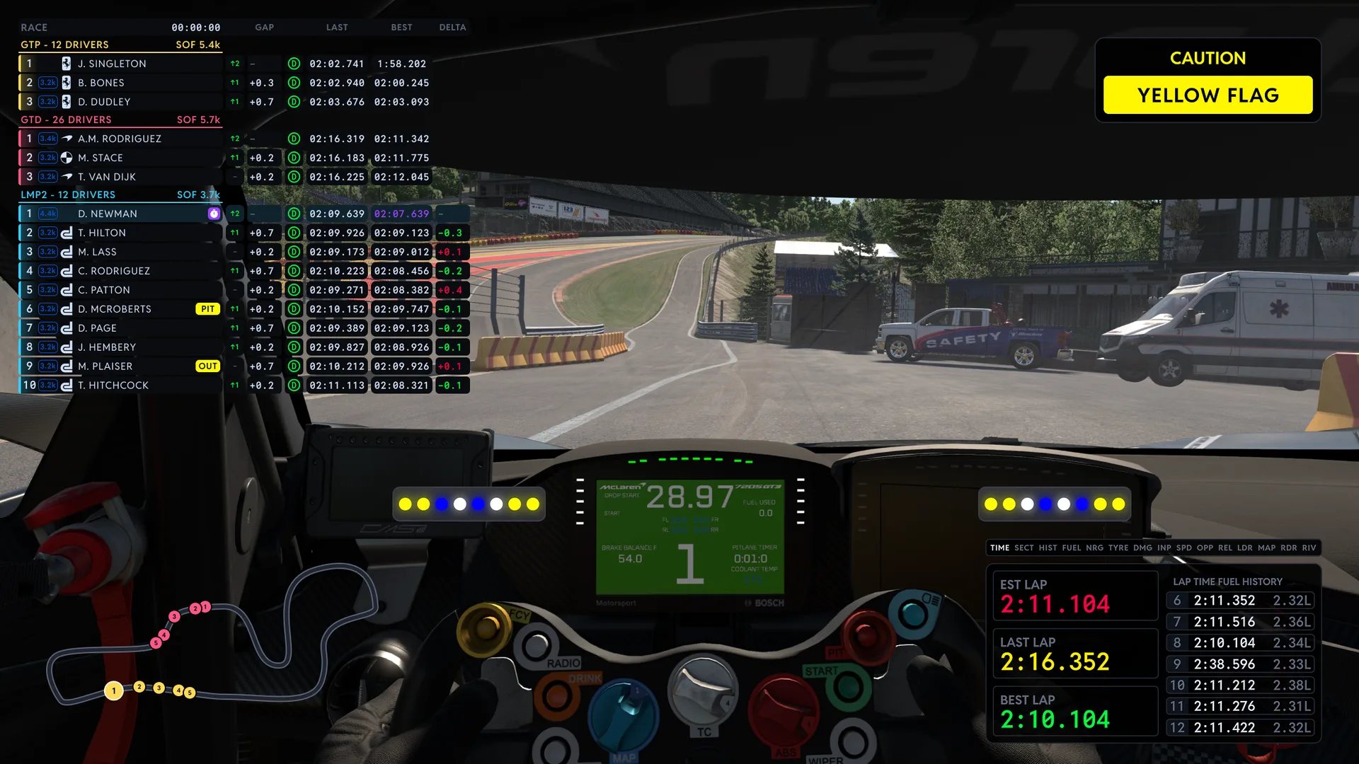 All five DNR overlays running together in the sim: the Leaderboard, Virtual Flags, Virtual Brows, Track Maps and the Virtual Box