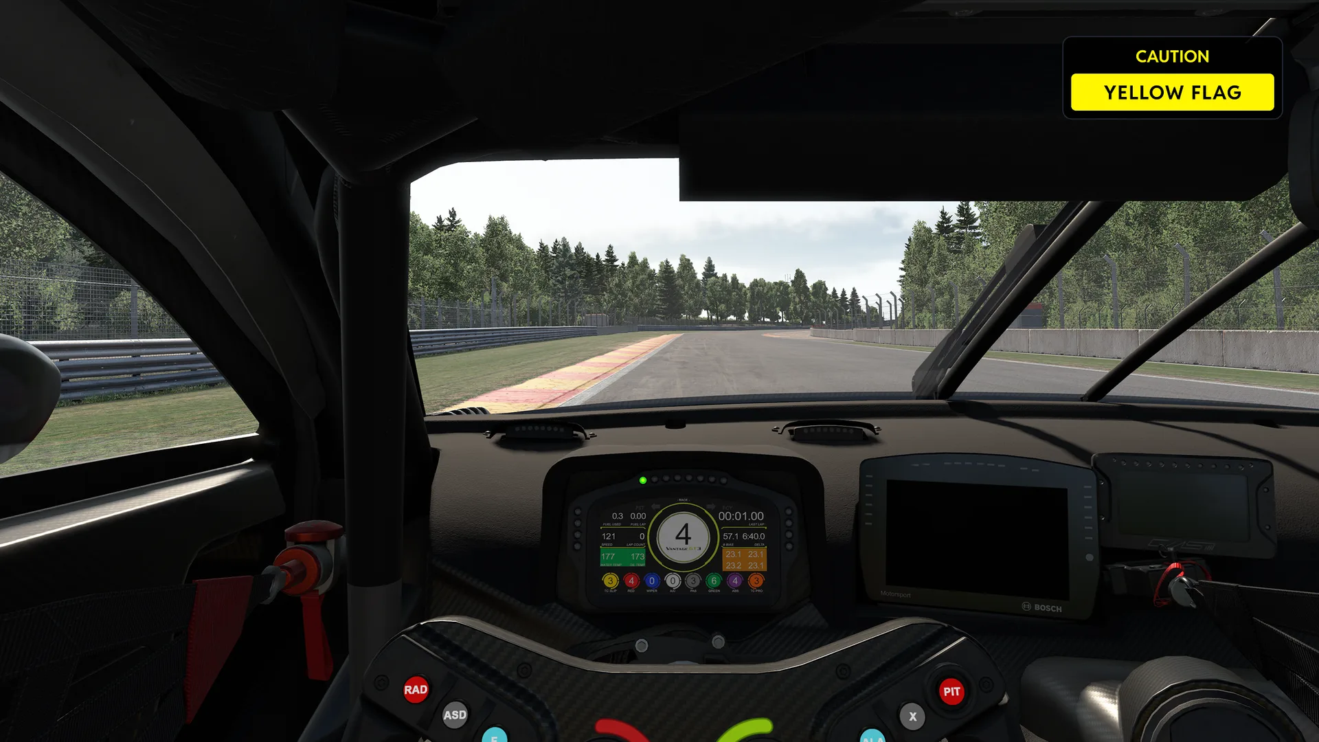 The DNR Virtual Flags overlay showing a yellow flag caution in the sim