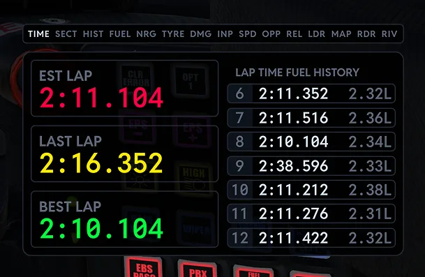 Virtual Box Lap Time screen in the sim