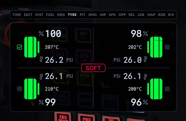 Virtual Box Tyres screen in the sim